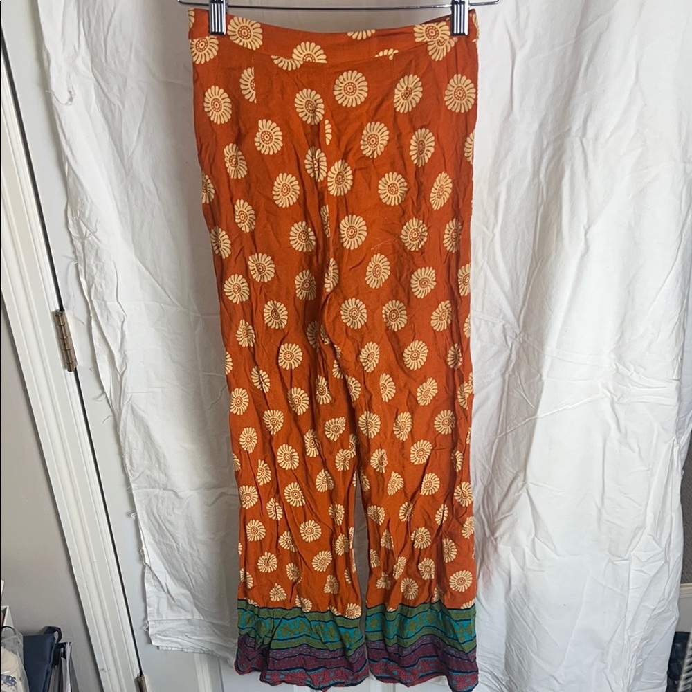 Orange Floral Hippie High-Waisted Flare Pants